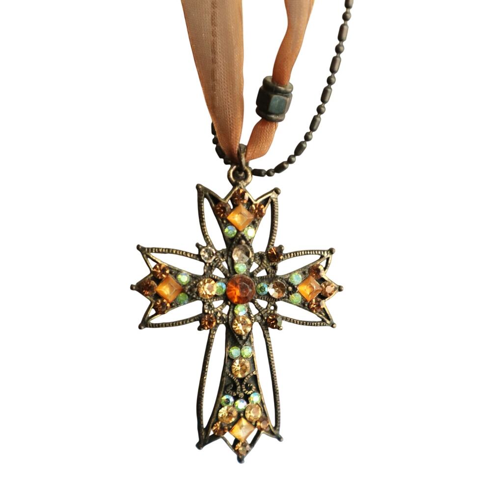 Vintage 90s Y2K Large Cross Pendant Necklace Rhinestone Antique Gold Metal Boho